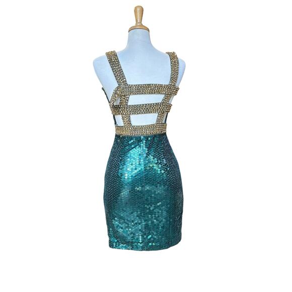VTG Niteline Della Roufogali Mini Dress Sz 4 Green Gold Sequins Cocktail Party - Picture 5 of 15